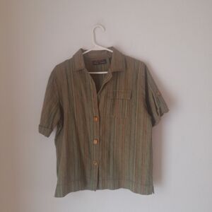 Cubavera Olive and Tan Striped Button-Up Top